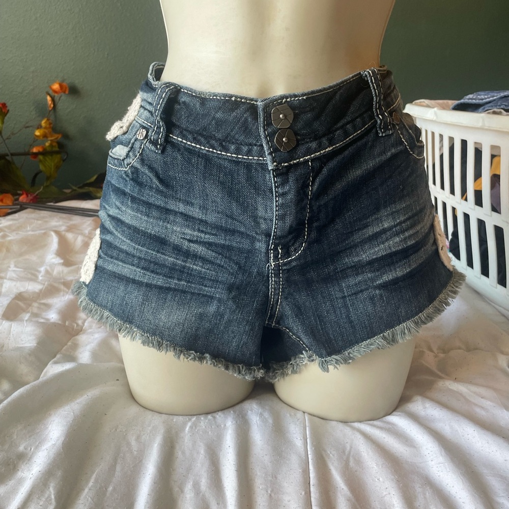 Vintage Hot Kiss Dark Blue Jean Shorts with Frayed Hem and Crotchet Detail